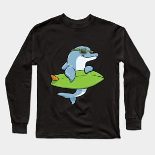 Dolphin with sunglasses as surfer with surfboard Long Sleeve T-Shirt